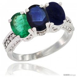 14K White Gold Natural Emerald, Blue Sapphire & Lapis Ring 3-Stone 7x5 mm Oval Diamond Accent