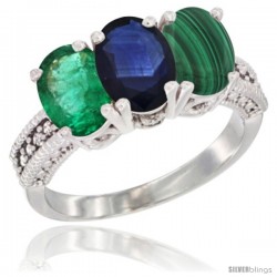 14K White Gold Natural Emerald, Blue Sapphire & Malachite Ring 3-Stone 7x5 mm Oval Diamond Accent