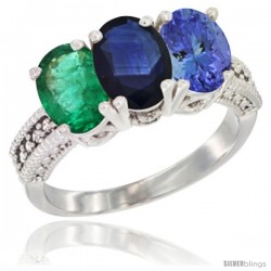 14K White Gold Natural Emerald, Blue Sapphire & Tanzanite Ring 3-Stone 7x5 mm Oval Diamond Accent