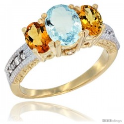 14k Yellow Gold Ladies Oval Natural Aquamarine 3-Stone Ring with Citrine Sides Diamond Accent