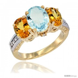 14K Yellow Gold Ladies 3-Stone Oval Natural Aquamarine Ring with Citrine Sides Diamond Accent