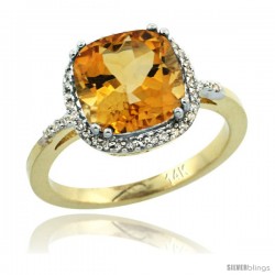 14k Yellow Gold Diamond Citrine Ring 3.05 ct Cushion Cut 9x9 mm, 1/2 in wide