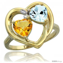 14k Yellow Gold 2-Stone Heart Ring 6mm Natural Citrine & Aquamarine Diamond Accent