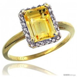 14k Yellow Gold Diamond Citrine Ring 1.6 ct Emerald Shape 8x6 mm, 1/2 in wide