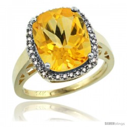 14k Yellow Gold Diamond Citrine Ring 5.17 ct Checkerboard Cut Cushion 12x10 mm, 1/2 in wide