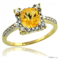 14k Yellow Gold Diamond Halo Citrine Ring 1.2 ct Checkerboard Cut Cushion 6 mm, 11/32 in wide