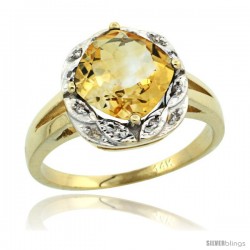 14k Yellow Gold Diamond Halo Citrine Ring 2.7 ct Checkerboard Cut Cushion Shape 8 mm, 1/2 in wide