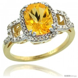 14k Yellow Gold Diamond Citrine Ring 2 ct Checkerboard Cut Cushion Shape 9x7 mm, 1/2 in wide