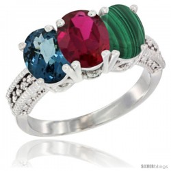 14K White Gold Natural London Blue Topaz, Ruby & Malachite Ring 3-Stone 7x5 mm Oval Diamond Accent