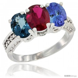 14K White Gold Natural London Blue Topaz, Ruby & Tanzanite Ring 3-Stone 7x5 mm Oval Diamond Accent