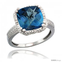 14k White Gold Diamond London Blue Topaz Ring 5.94 ct Checkerboard Cushion 11 mm Stone 1/2 in wide