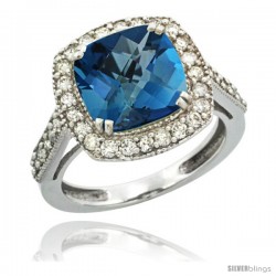 14k White Gold Diamond Halo London Blue Topaz Ring Checkerboard Cushion 9 mm 2.4 ct 1/2 in wide