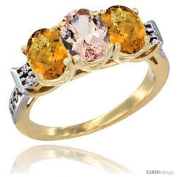 10K Yellow Gold Natural Morganite & Whisky Quartz Sides Ring 3-Stone Oval 7x5 mm Diamond Accent