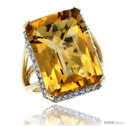 10k Yellow Gold Diamond Whisky Quartz Ring 14.96 ct Emerald shape 18x13 mm Stone, 13/16 in wide