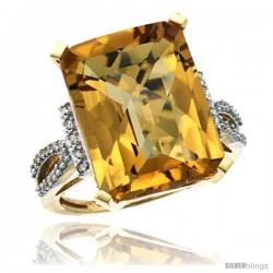 10k Yellow Gold Diamond Whisky Quartz Ring 12 ct Emerald Shape 16x12 Stone 3/4 in wide