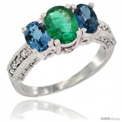 14k White Gold Ladies Oval Natural Emerald 3-Stone Ring with London Blue Topaz Sides Diamond Accent