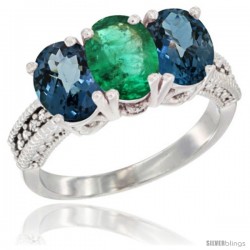 14K White Gold Natural Emerald & London Blue Topaz Sides Ring 3-Stone 7x5 mm Oval Diamond Accent