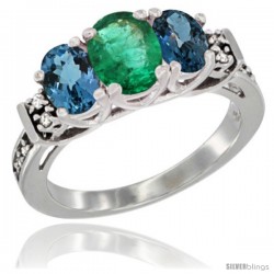 14K White Gold Natural Emerald & London Blue Ring 3-Stone Oval with Diamond Accent