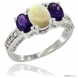 10K White Gold Ladies Oval Natural Opal 3-Stone Ring with Amethyst Sides Diamond Accent