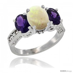 10K White Gold Ladies Natural Opal Oval 3 Stone Ring with Amethyst Sides Diamond Accent