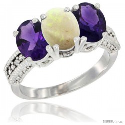 10K White Gold Natural Opal & Amethyst Sides Ring 3-Stone Oval 7x5 mm Diamond Accent