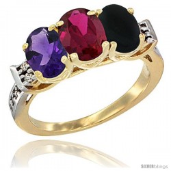 10K Yellow Gold Natural Amethyst, Ruby & Black Onyx Ring 3-Stone Oval 7x5 mm Diamond Accent