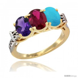 10K Yellow Gold Natural Amethyst, Ruby & Turquoise Ring 3-Stone Oval 7x5 mm Diamond Accent