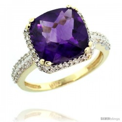 10k Yellow Gold Diamond Halo Amethyst Ring Checkerboard Cushion 11 mm 5.85 ct 1/2 in wide -Style Cy901142