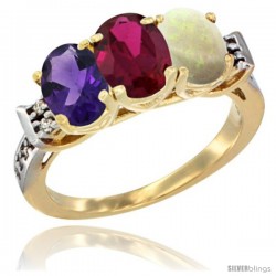 10K Yellow Gold Natural Amethyst, Ruby & Opal Ring 3-Stone Oval 7x5 mm Diamond Accent