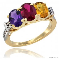 10K Yellow Gold Natural Amethyst, Ruby & Whisky Quartz Ring 3-Stone Oval 7x5 mm Diamond Accent