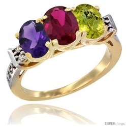 10K Yellow Gold Natural Amethyst, Ruby & Lemon Quartz Ring 3-Stone Oval 7x5 mm Diamond Accent