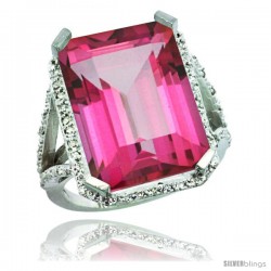 Sterling Silver Diamond Natural Pink Topaz Ring 14.96 ct Emerald Shape 18x13 Stone 13/16 in wide