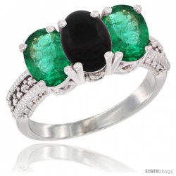 14K White Gold Natural Black Onyx & Emerald Sides Ring 3-Stone 7x5 mm Oval Diamond Accent