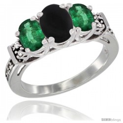 14K White Gold Natural Black Onyx & Emerald Ring 3-Stone Oval with Diamond Accent