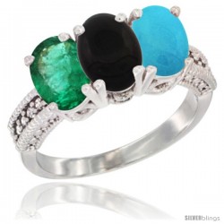 14K White Gold Natural Emerald, Black Onyx & Turquoise Ring 3-Stone 7x5 mm Oval Diamond Accent