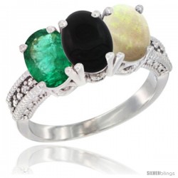 14K White Gold Natural Emerald, Black Onyx & Opal Ring 3-Stone 7x5 mm Oval Diamond Accent