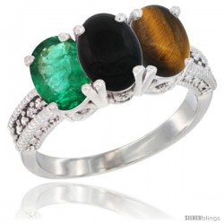 14K White Gold Natural Emerald, Black Onyx & Tiger Eye Ring 3-Stone 7x5 mm Oval Diamond Accent