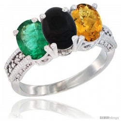 14K White Gold Natural Emerald, Black Onyx & Whisky Quartz Ring 3-Stone 7x5 mm Oval Diamond Accent