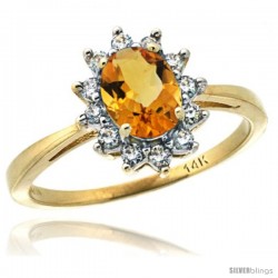 14k Yellow Gold Diamond Halo Citrine Ring 0.85 ct Oval Stone 7x5 mm, 1/2 in wide