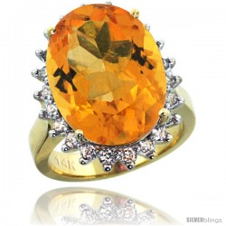 14k Yellow Gold Diamond Halo Citrine Ring 10 ct Large Oval Stone 18x13 mm, 7/8 in wide