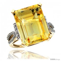 14k Yellow Gold Diamond Citrine Ring 12 ct Emerald Shape 16x12 Stone 3/4 in wide