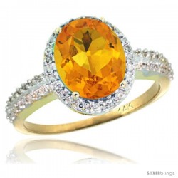 14k Yellow Gold Diamond Citrine Ring Oval Stone 10x8 mm 2.4 ct 1/2 in wide