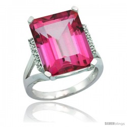 Sterling Silver Diamond Natural Pink Topaz Ring 12 ct Natural Emerald Cut 16x12 stone 3/4 in wide