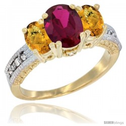 10K Yellow Gold Ladies Oval Natural Ruby 3-Stone Ring with Whisky Quartz Sides Diamond Accent