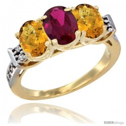 10K Yellow Gold Natural Ruby & Whisky Quartz Sides Ring 3-Stone Oval 7x5 mm Diamond Accent