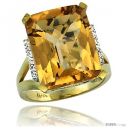 10k Yellow Gold Diamond Whisky Quartz Ring 12 ct Emerald Cut 16x12 stone 3/4 in wide