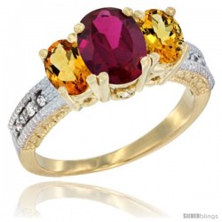 14k Yellow Gold Ladies Oval Natural Ruby 3-Stone Ring with Citrine Sides Diamond Accent