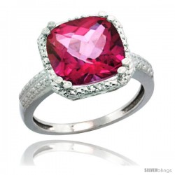 Sterling Silver Diamond Natural Pink Topaz Ring 5.94 ct Checkerboard Cushion 11 mm Stone 1/2 in wide