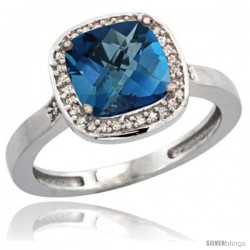 14k White Gold Diamond London Blue Topaz Ring 2.08 ct Checkerboard Cushion 8mm Stone 1/2.08 in wide