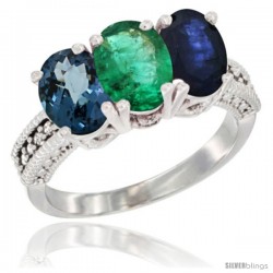 14K White Gold Natural London Blue Topaz, Emerald & Blue Sapphire Ring 3-Stone 7x5 mm Oval Diamond Accent